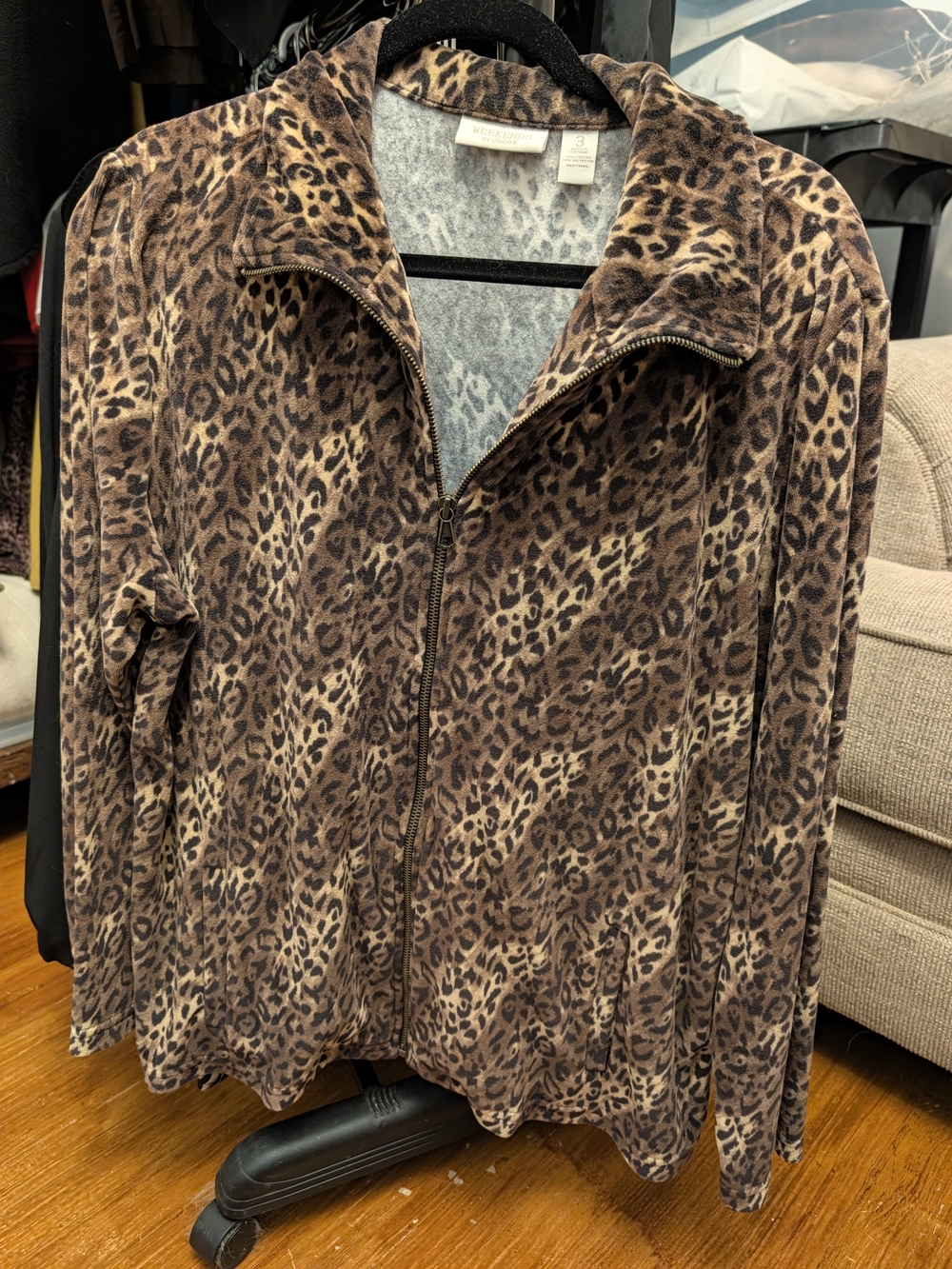 Weekends by Chico’s Leopard Print Zip Front Jacket Size 3 XL Brown Animal Print
